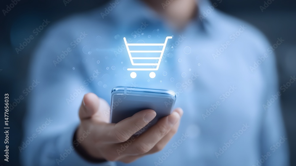 Poster a person s hand holding a mobile device to make an online purchase or access an ecommerce applicatio