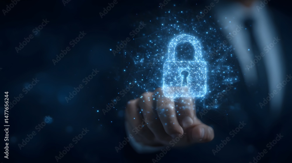 Poster futuristic digital security technology with glowing padlock and encryption symbols representing onli