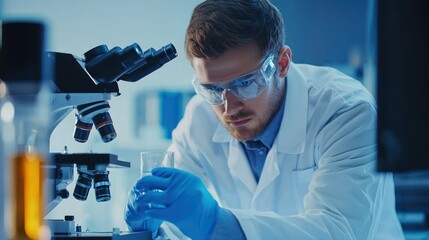 A male scientist wearing a white lab coat and safety goggles, examining a glass beaker containing a liquid under a microscope in a laboratory setting.