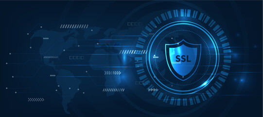SSL concept and Security Icons  Encrypted Internet Communication and Data, blue futuristic abstract background