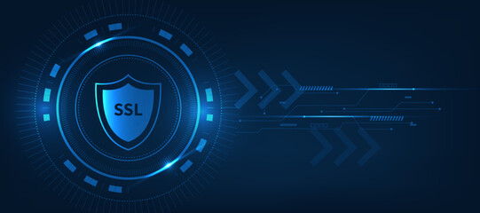 SSL concept and Security Icons  Encrypted Internet Communication and Data, blue futuristic abstract background