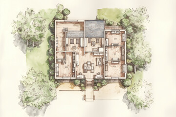 Watercolor Architectural Drawing of a House Floor Plan with Surrounding Landscaping