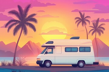 A cozy, flat illustration of a camper van parked near a scenic sunset view with mountains and palm trees.