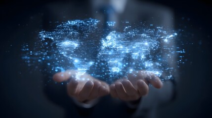 A mesmerizing display of a glowing interconnected digital network and data visualization held within cupped hands symbolizing the power and potential of technology and innovation in the modern