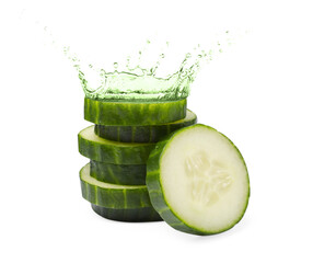 Cucumber slices and splashing green liquid on white background