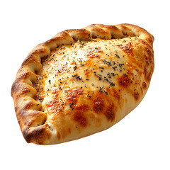 Calzone. Looked at from the side, low perspective, at a 33 degree angle, soft lighting, isolated on a White background