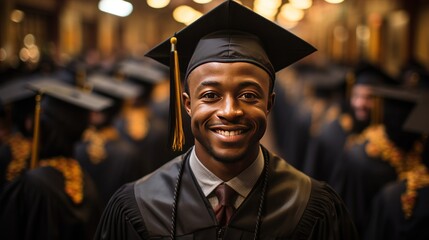 Portrait of happy african american graduate man in cap and gown looking at camera