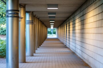 Architectural passageway with symmetrical pillars and tiled wall geometric design