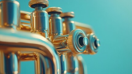 Close-up of brass instrument valves.  Detailed view of gold-toned valves and tubing