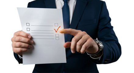 Focused businessman checking a checklist, making notes, isolated on transparent background