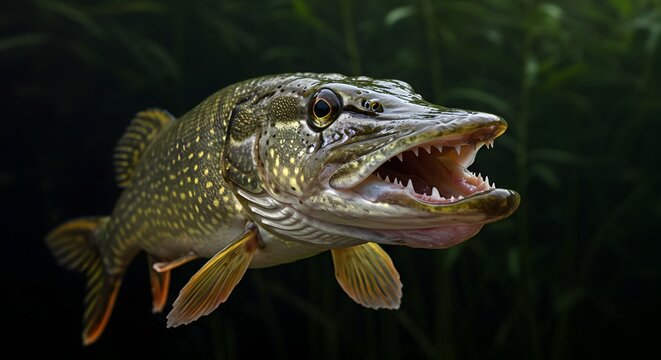 Northern Pike Close-up with Open Mouth Showing Sharp Teeth