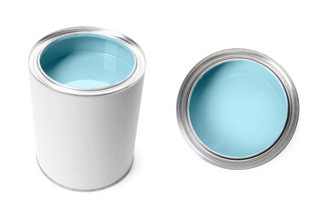 Pastel blue paint in can isolated on white. Top and side view