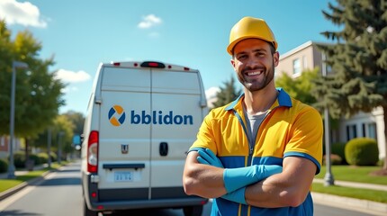 Smiling male technician in a blue and yellow uniform stands confidently by a service van, ready for work.