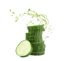 Cucumber slices and splashing green liquid on white background