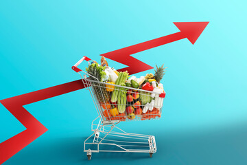 Shopping cart with different groceries and upward red arrow against blue gradient background....