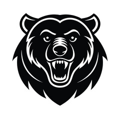 Fierce black and white illustration of a bear head with open mouth and sharp teeth in a vector graphic
