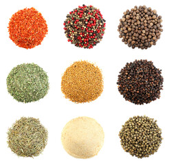 Different aromatic spices on white background, set. Top view