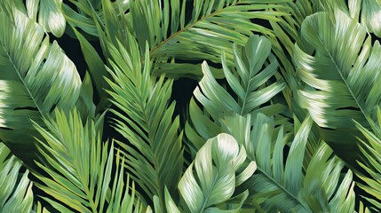 Obraz premium Lush green tropical foliage pattern with banana and palm leaves creates a refreshing vibrant botanical motif.