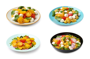 Tasty fresh salads with yellow and red tomatoes on white background, set