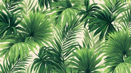Lush Tropical Foliage: A vibrant display of various palm fronds and green leaves evokes a tropical paradise.