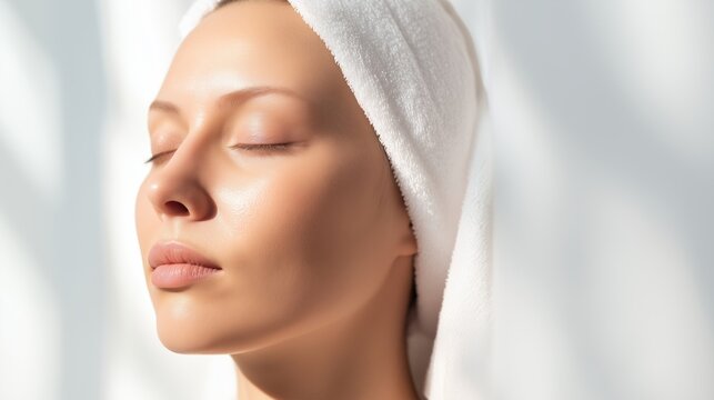 Young woman with perfect skin and a towel on her head is closing her eyes, enjoying a moment of relaxation and self-care, highlighting the benefits of a consistent skincare routine