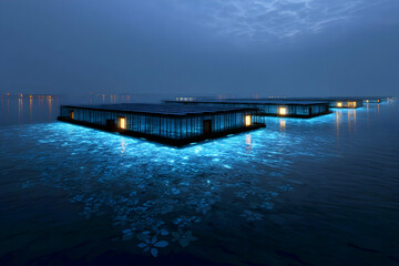 Fototapeta premium Modern Floating Structures with Illuminated Water at Dusk
