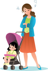 A tired mother with baby in stroller