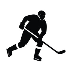 Silhouette illustration of an ice hockey player skating with the hockey stick in an action pose against a white background