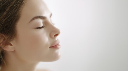 Profile of a serene woman with closed eyes, showcasing natural beauty, wellness, and a sense of tranquility against a light background, perfect for beauty, health, and relaxation themes