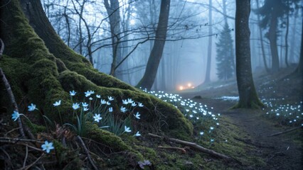 Blue flowers blooming on forest floor during foggy morning  