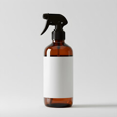 Minimalist amber spray bottle mockup with blank label against soft grey backdrop