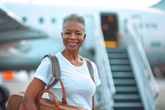 Elderly black woman confident, smiling with short hair in white t-shirt and jeans stands near airplane steps with suitcase on runway, waiting for flight and new adventures
