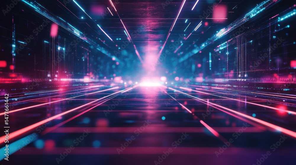 Poster abstract neon cyber game background with digital grid effect glowing lines, wallpaper ai generated i