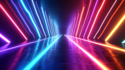 Vibrant Neon Light Tunnel with Colorful Glow and Reflections