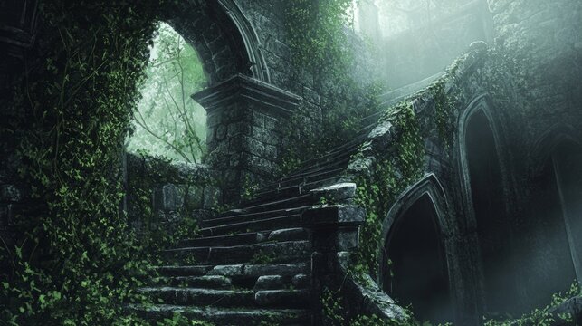 Overgrown stone staircase leading to a misty, forgotten archway in a crumbling stone structure.