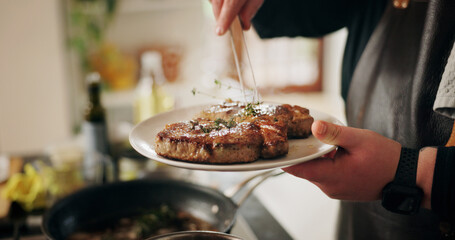 Hands, chef and plate with steak, kitchen and preparation for beef in restaurant or culinary skills. Catering business, process and person with presentation of meat, hospitality or herbs for gourmet