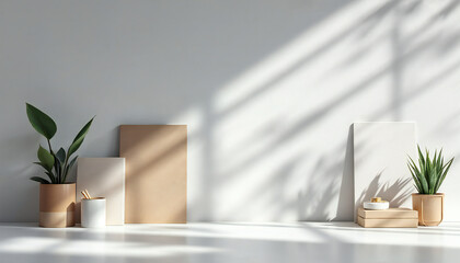 Embrace the serene elegance of a sunlit studio with carefully chosen elements and minimalist design. The shadows cast by a nearby leafy plant and sunlight create depth and visual interest.