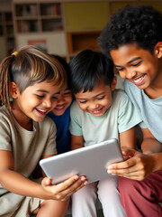 Obraz premium Happy diverse group of young boys and girls looking at a digital tablet together