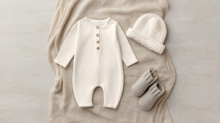 Flat lay baby romper mockup with knitted hat and booties in a cozy Japandi inspired setting. Perfect for showcasing neutral baby fashion and branding designs.