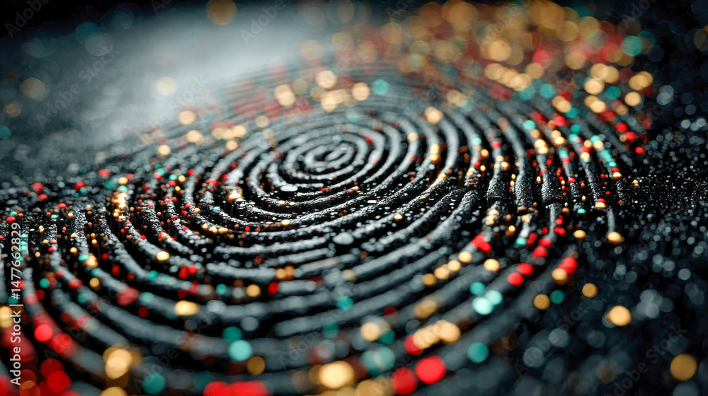 Poster abstract macro of fingerprint ridges glowing with golden digital particles, symbolizing identity, ac