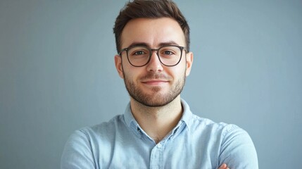Obraz premium A young man with glasses smiling, wearing a light blue shirt, standing against a gray background with his arms crossed.