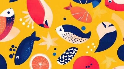 Fototapeta premium Vibrant fish and citrus pattern