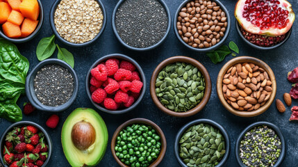 various fresh healthy products on grey table, top view. Healthy food clean eating