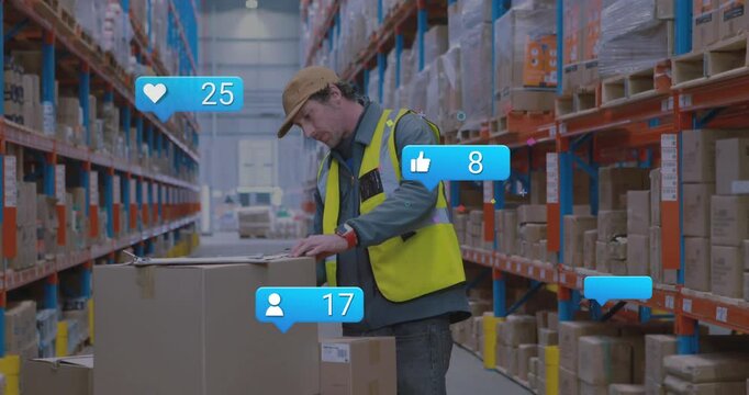 Warehouse worker scanning packages inside distribution center, with floating social media icons