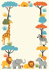 Wild animals forming a frame with trees and birds