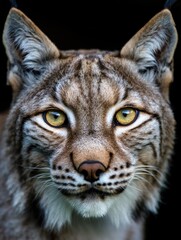Obraz premium Majestic lynx portrait showcasing striking yellow eyes against a dark background