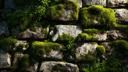 Moss and foliage cover a stone wall, blending natural elements with texture of the hard material.