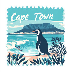 Obraz premium Postage stamp of african penguin watching surfer riding wave in cape town, south africa
