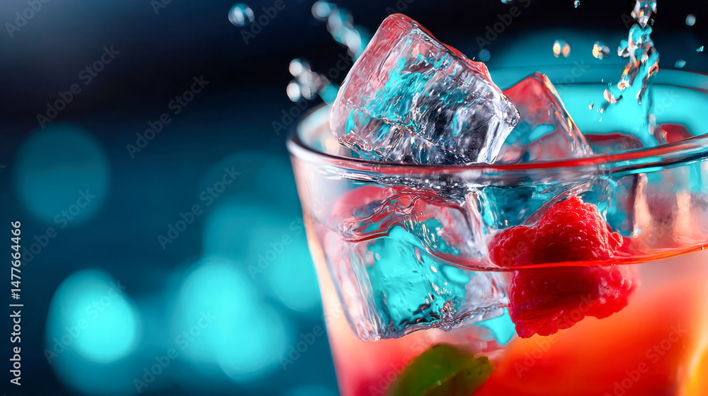 Poster glass of sparkling water with red ice cubes and fruit splashing out dramatically in a colorful, high