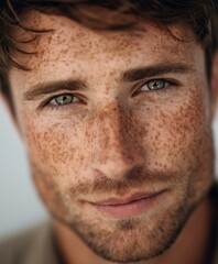 Obraz premium Close-up of a man with short brown hair, light stubble, green eyes, and freckles, set against a plain light background 